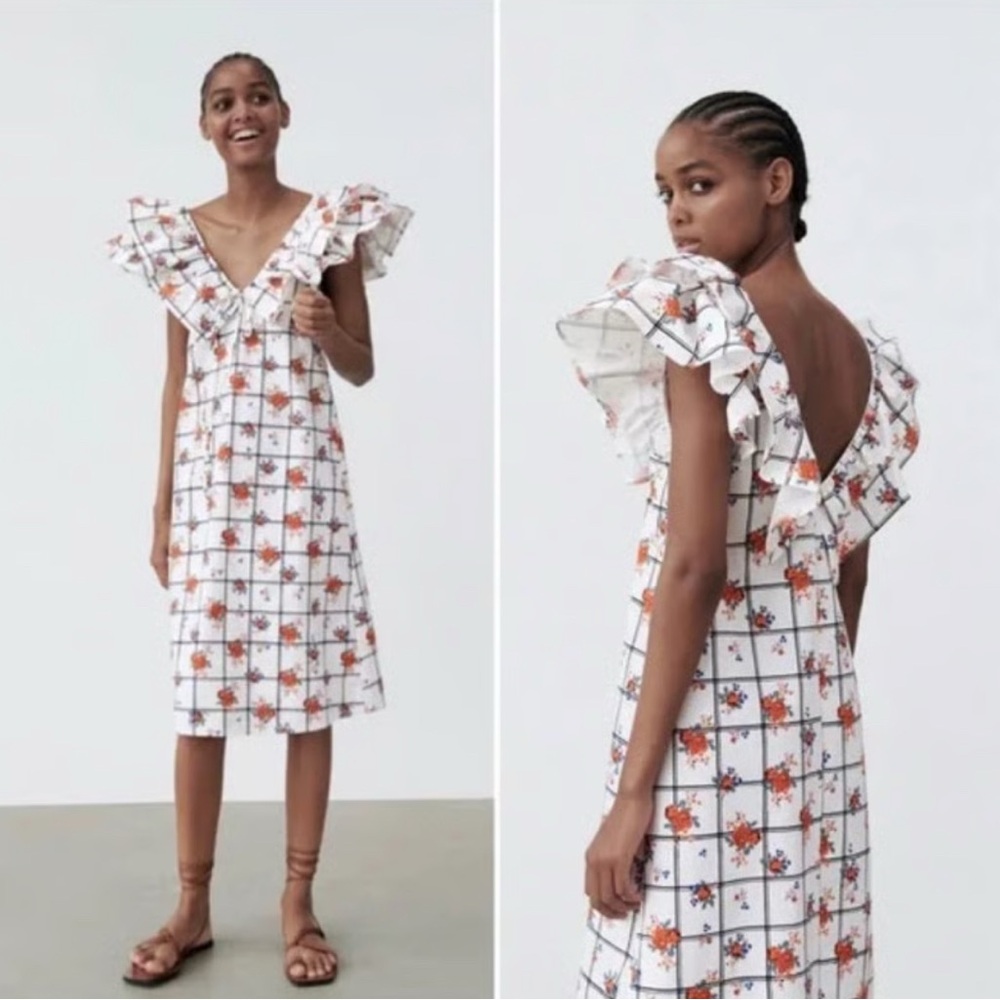 zara color block floral grid dress